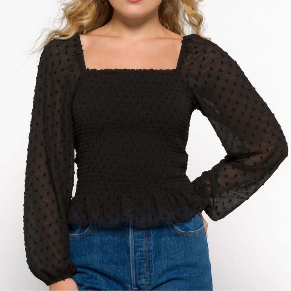 NWT Lush Dorothy Sheer Sleeve Clip Dot Blouse Black XS
